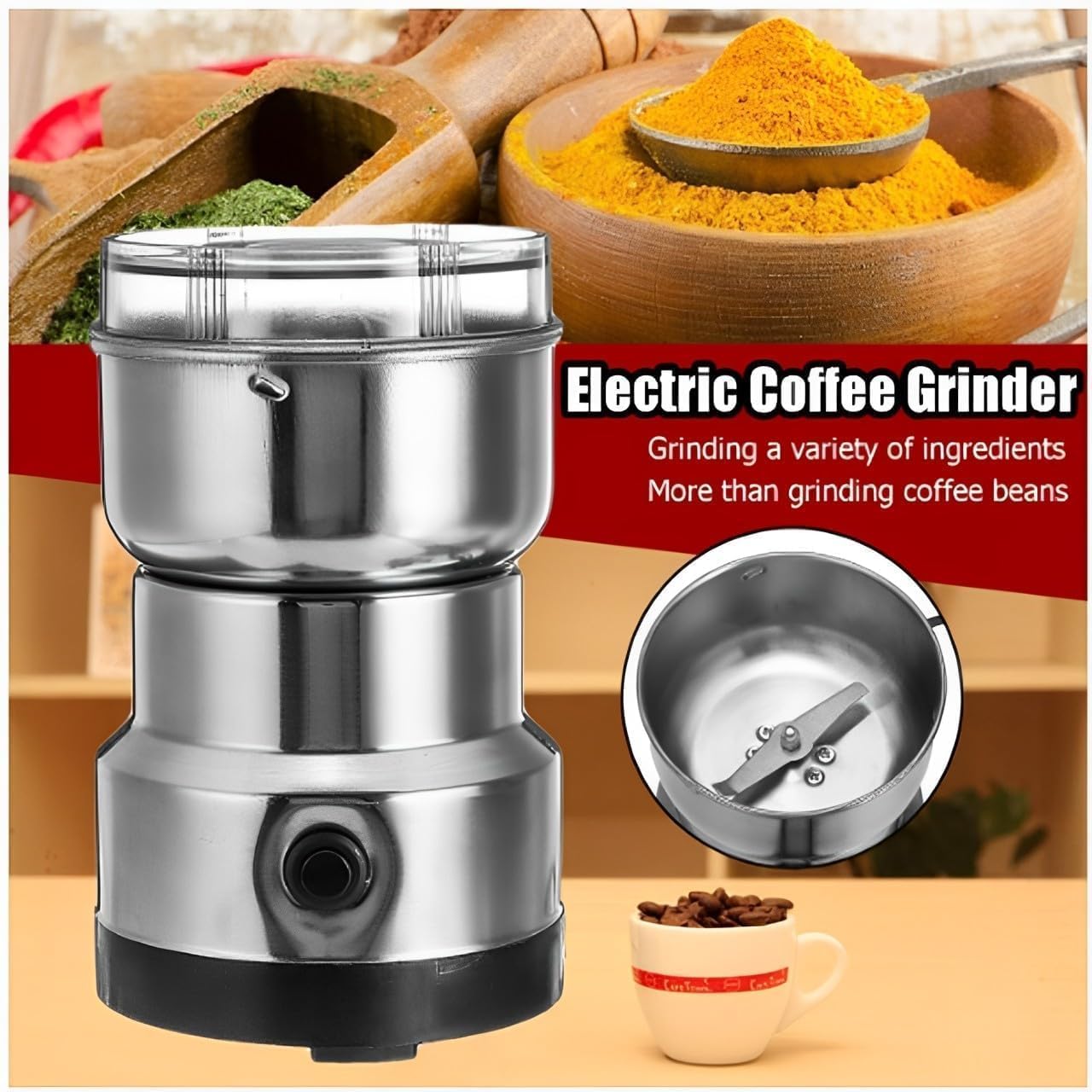Stainless Steel Mini Electric Grinder – Compact Coffee, Spice, Masala, Nut & Grain Crusher, Portable Mixer Machine for Home Kitchen Use 