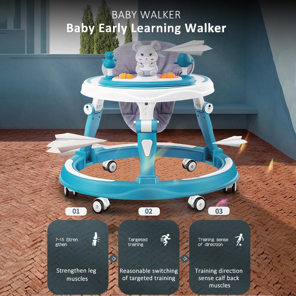 StarAndDaisy 360 Baby Walker 6-24 Months / 7 Level Height Adjustment Walker for Kids Boy and Girl with Switchable Food & Musical Toy Tray/Premium Baby Activity Walker - Blue 