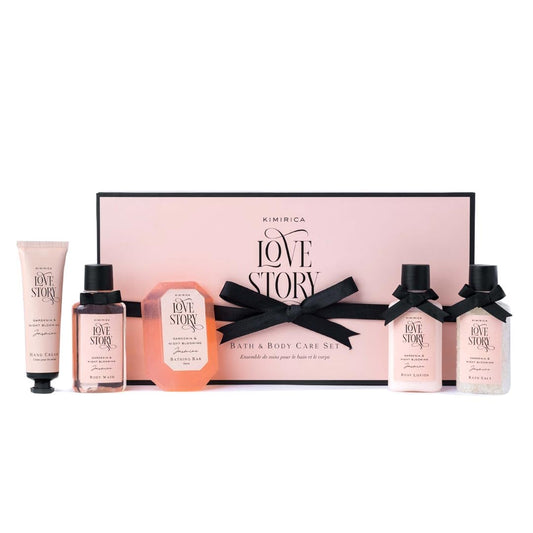 Kimirica Love Story Luxury Bath and Body Care Gift Set Box | Bath Salt, Body Wash, Body Lotion, Bathing Bar and Hand cream | Pack of 5 | For Men and Women | Pampering Kit for Birthday ,Anniversary & All Special Occasions | Premium Gift Packaging 100% Vega 