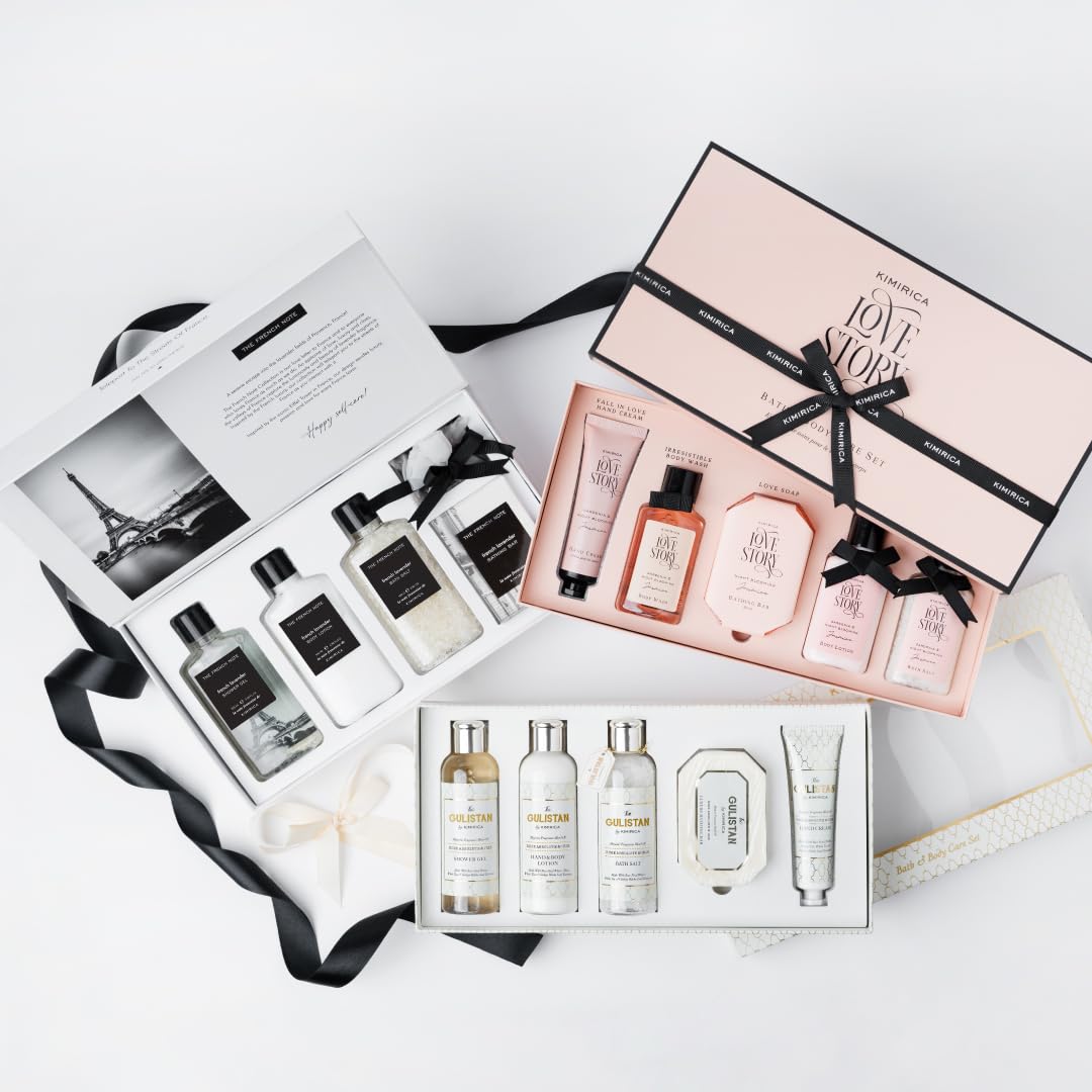 Kimirica Love Story Luxury Bath and Body Care Gift Set Box | Bath Salt, Body Wash, Body Lotion, Bathing Bar and Hand cream | Pack of 5 | For Men and Women | Pampering Kit for Birthday ,Anniversary & All Special Occasions | Premium Gift Packaging 100% Vega 