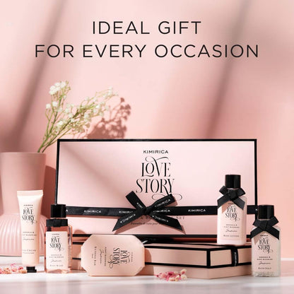 Kimirica Love Story Luxury Bath and Body Care Gift Set Box | Bath Salt, Body Wash, Body Lotion, Bathing Bar and Hand cream | Pack of 5 | For Men and Women | Pampering Kit for Birthday ,Anniversary & All Special Occasions | Premium Gift Packaging 100% Vega 