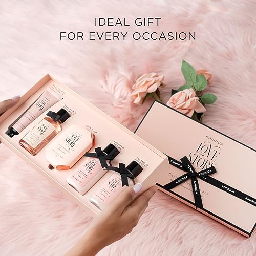 Kimirica Love Story Luxury Bath and Body Care Gift Set Box | Bath Salt, Body Wash, Body Lotion, Bathing Bar and Hand cream | Pack of 5 | For Men and Women | Pampering Kit for Birthday ,Anniversary & All Special Occasions | Premium Gift Packaging 100% Vega 