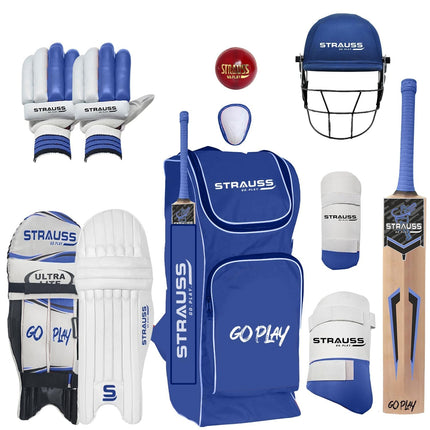 Strauss Kashmir Willow Right Hand Leather Cricket Kit | Size: Full Size | Ideal for Age 13+ | Cricket Accessories for Boys | for Training & Matches | Set of 9 | Includes Leather Cricket Ball, (Blue) 
