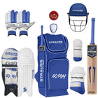 Strauss Kashmir Willow Right Hand Leather Cricket Kit | Size: Full Size | Ideal for Age 13+ | Cricket Accessories for Boys | for Training & Matches | Set of 9 | Includes Leather Cricket Ball, (Blue) 