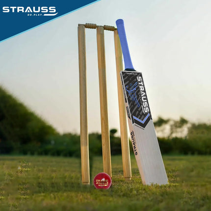 Strauss Kashmir Willow Right Hand Leather Cricket Kit | Size: Full Size | Ideal for Age 13+ | Cricket Accessories for Boys | for Training & Matches | Set of 9 | Includes Leather Cricket Ball, (Blue) 