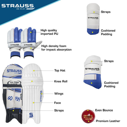 Strauss Kashmir Willow Right Hand Leather Cricket Kit | Size: Full Size | Ideal for Age 13+ | Cricket Accessories for Boys | for Training & Matches | Set of 9 | Includes Leather Cricket Ball, (Blue) 