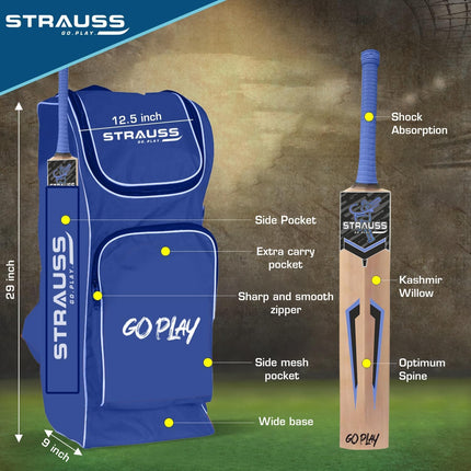 Strauss Kashmir Willow Right Hand Leather Cricket Kit | Size: Full Size | Ideal for Age 13+ | Cricket Accessories for Boys | for Training & Matches | Set of 9 | Includes Leather Cricket Ball, (Blue) 