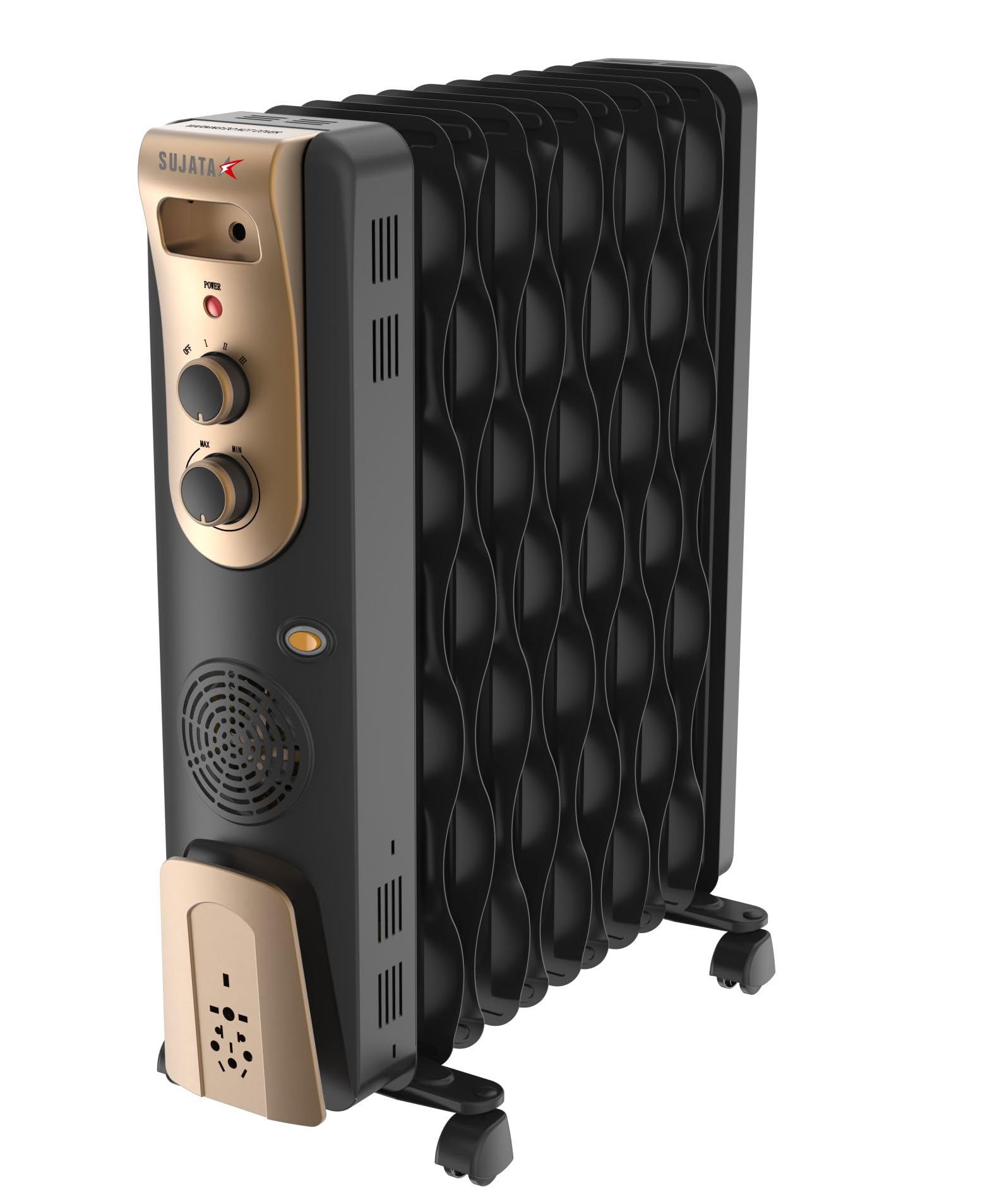 Sujata 11 Fin Oil Heaters For Home | 2 Years Warranty, 2900W | Oil Heater, Oil Heater For Room In Winter, 2 Meter Long Wire, 3 Heat Setting, PTC Fan Heater, ISI Approved, Tilt Switch Safety-Black Gold 