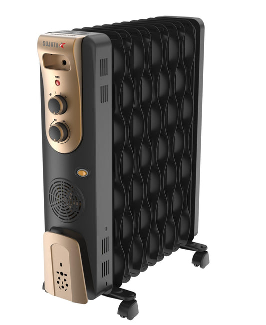 Sujata 11 Fin Oil Heaters For Home | 2 Years Warranty, 2900W | Oil Heater, Oil Heater For Room In Winter, 2 Meter Long Wire, 3 Heat Setting, PTC Fan Heater, ISI Approved, Tilt Switch Safety-Black Gold 