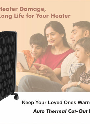 Sujata 11 Fin Oil Heaters For Home | 2 Years Warranty, 2900W | Oil Heater, Oil Heater For Room In Winter, 2 Meter Long Wire, 3 Heat Setting, PTC Fan Heater, ISI Approved, Tilt Switch Safety-Black Gold 