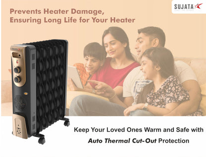 Sujata 11 Fin Oil Heaters For Home | 2 Years Warranty, 2900W | Oil Heater, Oil Heater For Room In Winter, 2 Meter Long Wire, 3 Heat Setting, PTC Fan Heater, ISI Approved, Tilt Switch Safety-Black Gold 