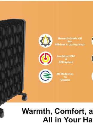 Sujata 11 Fin Oil Heaters For Home | 2 Years Warranty, 2900W | Oil Heater, Oil Heater For Room In Winter, 2 Meter Long Wire, 3 Heat Setting, PTC Fan Heater, ISI Approved, Tilt Switch Safety-Black Gold 