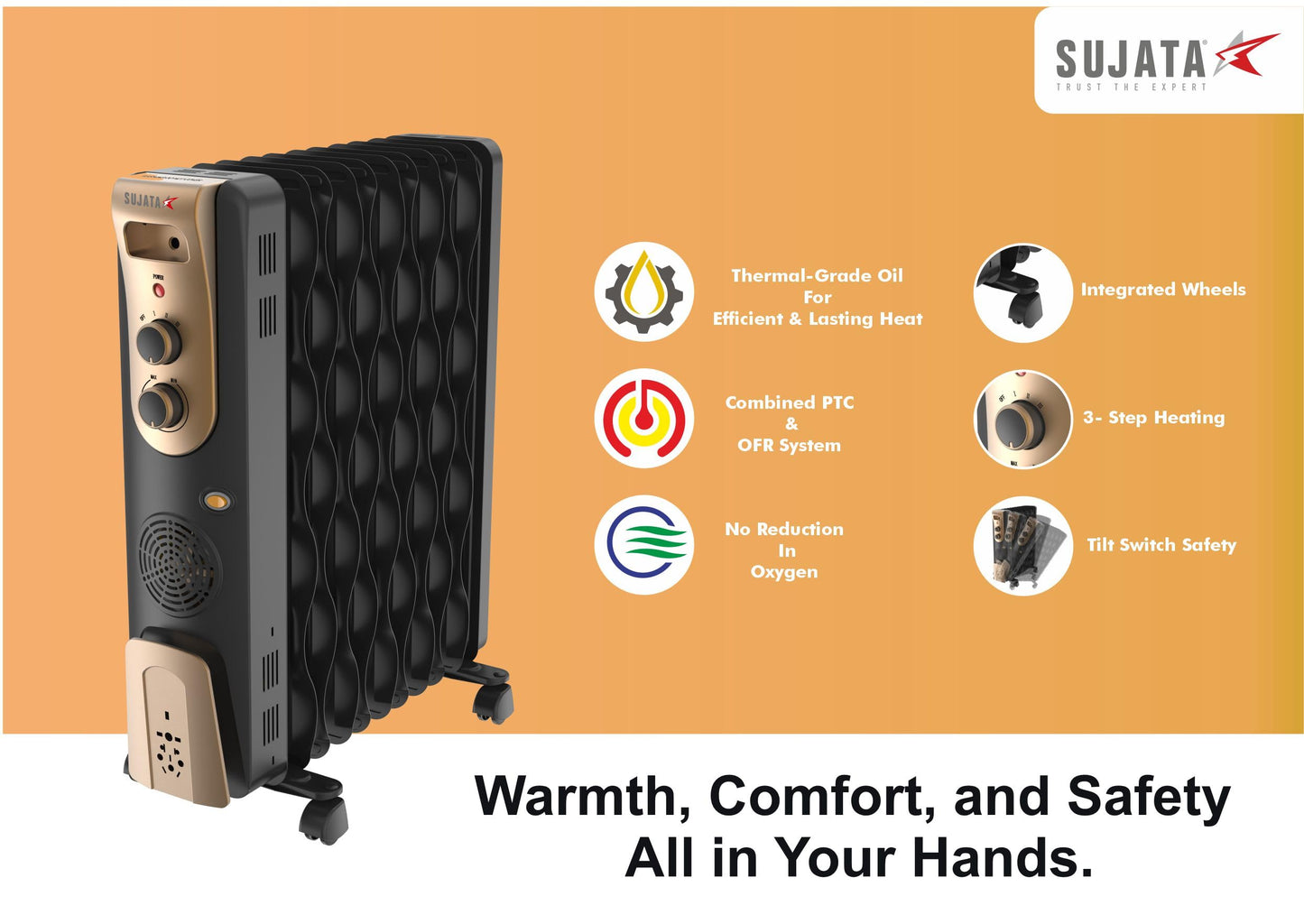 Sujata 11 Fin Oil Heaters For Home | 2 Years Warranty, 2900W | Oil Heater, Oil Heater For Room In Winter, 2 Meter Long Wire, 3 Heat Setting, PTC Fan Heater, ISI Approved, Tilt Switch Safety-Black Gold 