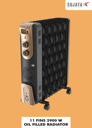 Sujata 11 Fin Oil Heaters For Home | 2 Years Warranty, 2900W | Oil Heater, Oil Heater For Room In Winter, 2 Meter Long Wire, 3 Heat Setting, PTC Fan Heater, ISI Approved, Tilt Switch Safety-Black Gold 