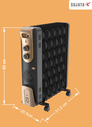 Sujata 11 Fin Oil Heaters For Home | 2 Years Warranty, 2900W | Oil Heater, Oil Heater For Room In Winter, 2 Meter Long Wire, 3 Heat Setting, PTC Fan Heater, ISI Approved, Tilt Switch Safety-Black Gold 