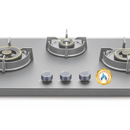 Sujata 3 Burner Gas Stove Glass Top | 5 Years Warranty | Auto Ignition Gas Stove 3 Burner, Hob Top 3 Burners, SABAF, LPG & PNG Compatible, Brass Burner (Palladium FFD AI - Black) 