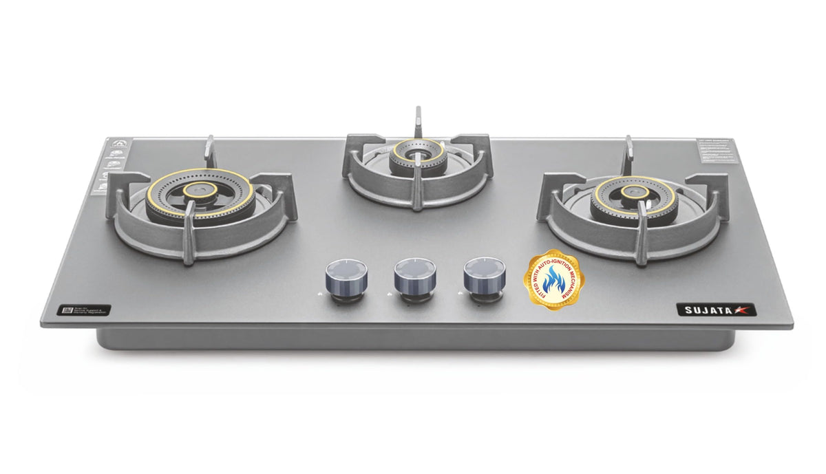Sujata 3 Burner Gas Stove Glass Top | 5 Years Warranty | Auto Ignition Gas Stove 3 Burner, Hob Top 3 Burners, SABAF, LPG & PNG Compatible, Brass Burner (Palladium FFD AI - Black) 
