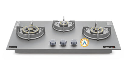 Sujata 3 Burner Gas Stove Glass Top | 5 Years Warranty | Auto Ignition Gas Stove 3 Burner, Hob Top 3 Burners, SABAF, LPG & PNG Compatible, Brass Burner (Palladium FFD AI - Black) 