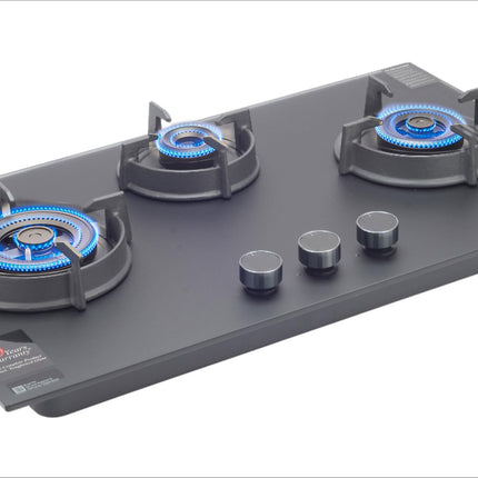 Sujata 3 Burner Gas Stove Glass Top | 5 Years Warranty | Auto Ignition Gas Stove 3 Burner, Hob Top 3 Burners, SABAF, LPG & PNG Compatible, Brass Burner (Palladium FFD AI - Black) 