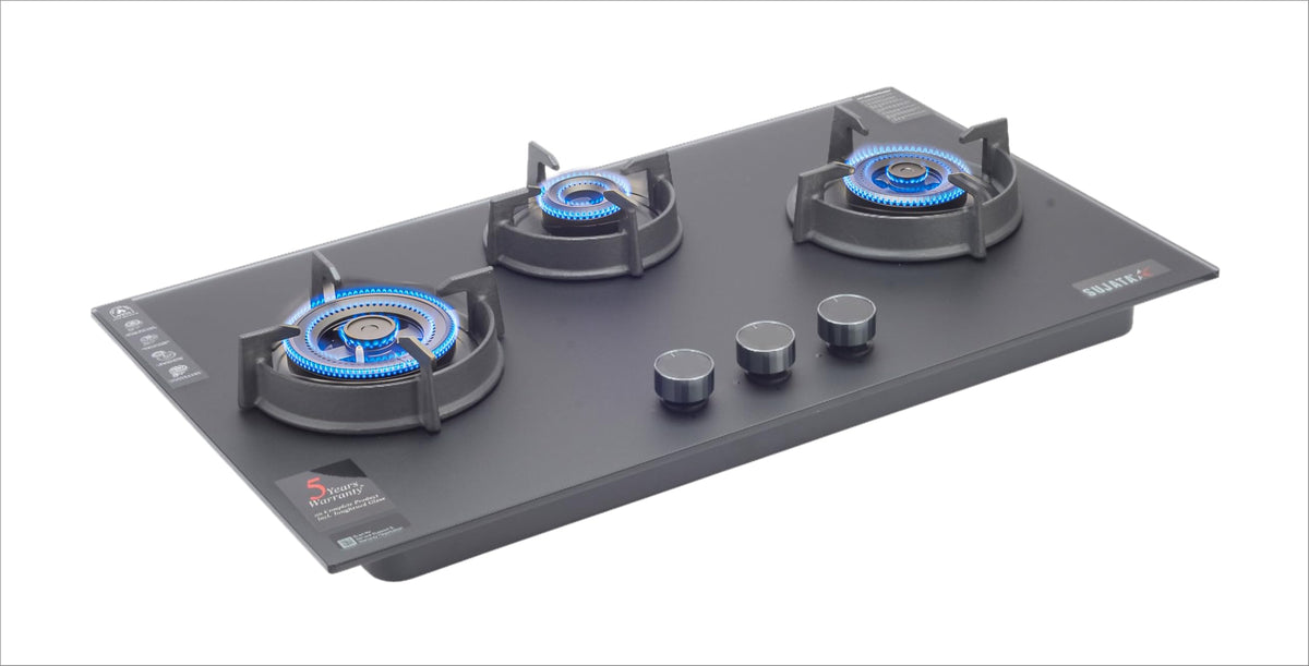 Sujata 3 Burner Gas Stove Glass Top | 5 Years Warranty | Auto Ignition Gas Stove 3 Burner, Hob Top 3 Burners, SABAF, LPG & PNG Compatible, Brass Burner (Palladium FFD AI - Black) 
