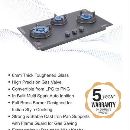 Sujata 3 Burner Gas Stove Glass Top | 5 Years Warranty | Auto Ignition Gas Stove 3 Burner, Hob Top 3 Burners, SABAF, LPG & PNG Compatible, Brass Burner (Palladium FFD AI - Black) 