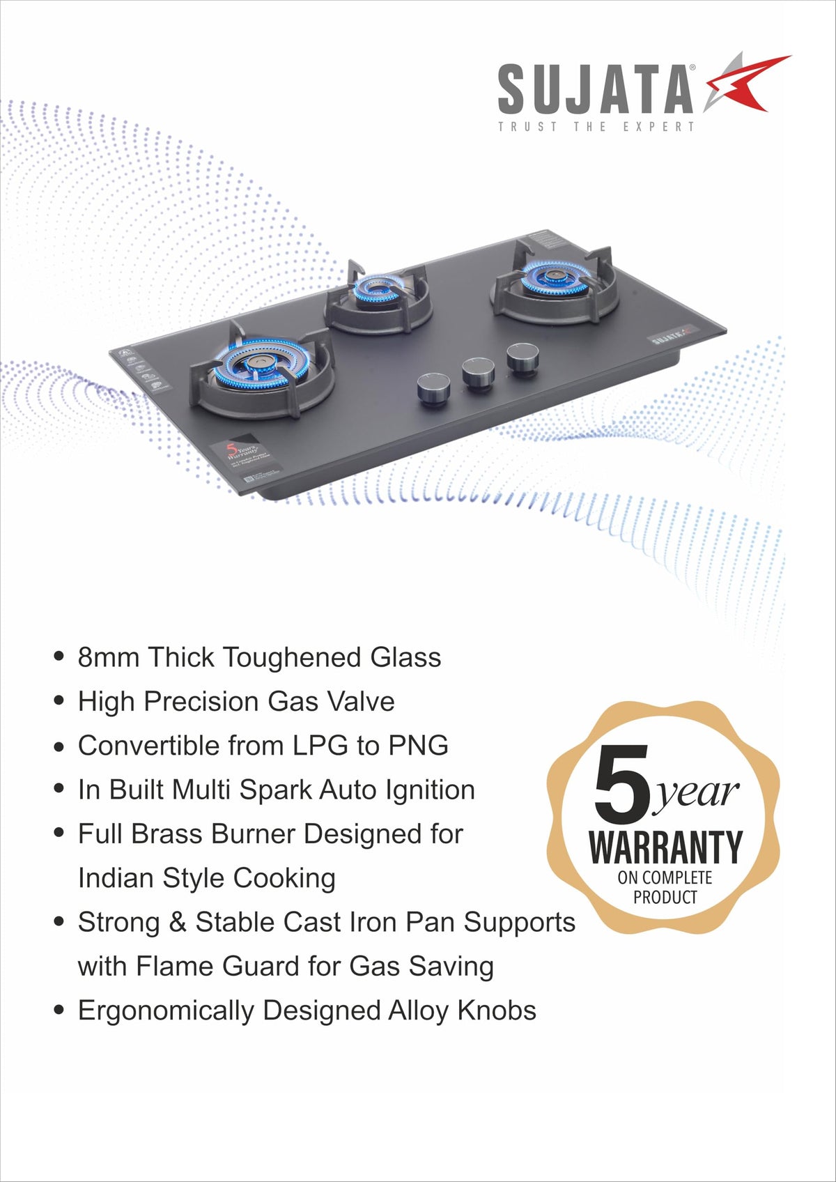 Sujata 3 Burner Gas Stove Glass Top | 5 Years Warranty | Auto Ignition Gas Stove 3 Burner, Hob Top 3 Burners, SABAF, LPG & PNG Compatible, Brass Burner (Palladium FFD AI - Black) 