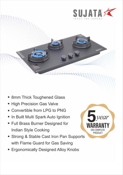 Sujata 3 Burner Gas Stove Glass Top | 5 Years Warranty | Auto Ignition Gas Stove 3 Burner, Hob Top 3 Burners, SABAF, LPG & PNG Compatible, Brass Burner (Palladium FFD AI - Black) 