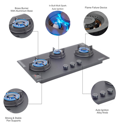 Sujata 3 Burner Gas Stove Glass Top | 5 Years Warranty | Auto Ignition Gas Stove 3 Burner, Hob Top 3 Burners, SABAF, LPG & PNG Compatible, Brass Burner (Palladium FFD AI - Black) 