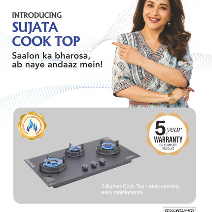 Sujata 3 Burner Gas Stove Glass Top | 5 Years Warranty | Auto Ignition Gas Stove 3 Burner, Hob Top 3 Burners, SABAF, LPG & PNG Compatible, Brass Burner (Palladium FFD AI - Black) 