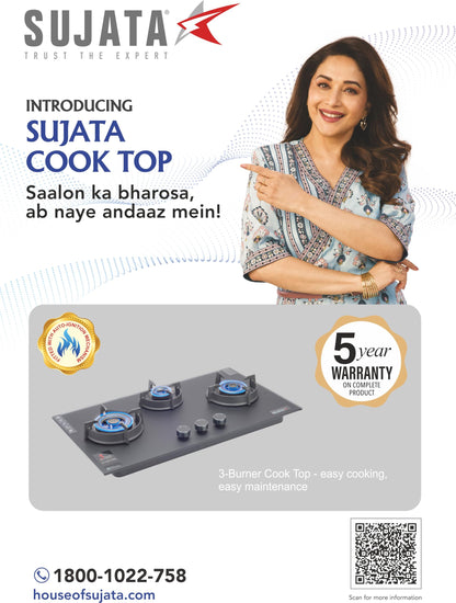 Sujata 3 Burner Gas Stove Glass Top | 5 Years Warranty | Auto Ignition Gas Stove 3 Burner, Hob Top 3 Burners, SABAF, LPG & PNG Compatible, Brass Burner (Palladium FFD AI - Black) 