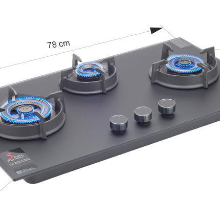 Sujata 3 Burner Gas Stove Glass Top | 5 Years Warranty | Auto Ignition Gas Stove 3 Burner, Hob Top 3 Burners, SABAF, LPG & PNG Compatible, Brass Burner (Palladium FFD AI - Black) 