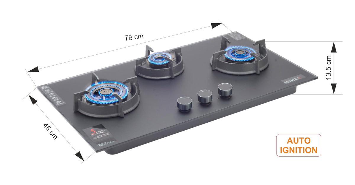 Sujata 3 Burner Gas Stove Glass Top | 5 Years Warranty | Auto Ignition Gas Stove 3 Burner, Hob Top 3 Burners, SABAF, LPG & PNG Compatible, Brass Burner (Palladium FFD AI - Black) 