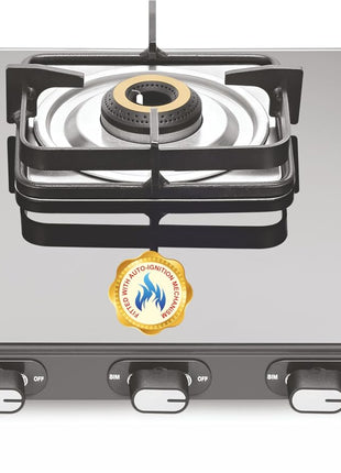 Sujata Classic Auto Ignition Gas Stove | 9 Years Warranty | 3 Burner Gas Stove Glass Top, Stove 3 Burner, SABAF, ISI Certified, LPG & PNG Compatible, Jumbo Brass Burner (Black) 