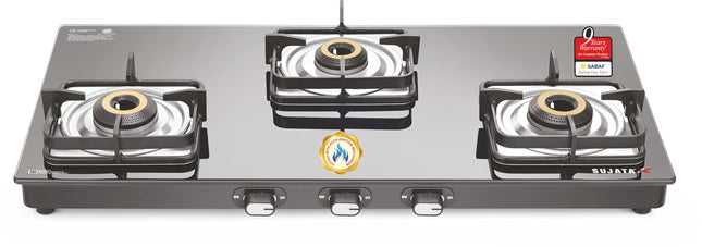 Sujata Classic Auto Ignition Gas Stove | 9 Years Warranty | 3 Burner Gas Stove Glass Top, Stove 3 Burner, SABAF, ISI Certified, LPG & PNG Compatible, Jumbo Brass Burner (Black) 