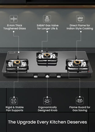 Sujata Classic Auto Ignition Gas Stove | 9 Years Warranty | 3 Burner Gas Stove Glass Top, Stove 3 Burner, SABAF, ISI Certified, LPG & PNG Compatible, Jumbo Brass Burner (Black) 
