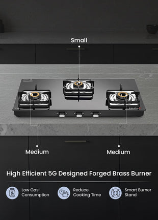 Sujata Classic Auto Ignition Gas Stove | 9 Years Warranty | 3 Burner Gas Stove Glass Top, Stove 3 Burner, SABAF, ISI Certified, LPG & PNG Compatible, Jumbo Brass Burner (Black) 