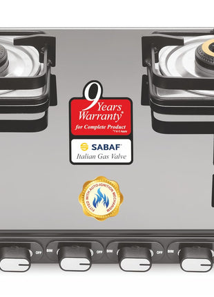 Sujata Classic Auto Ignition Gas Stove | 9 Years Warranty | 4 Burner Gas Stove Glass Top, SABAF, ISI Certified, LPG & PNG Compatible, Jumbo Brass Burner (Black) 