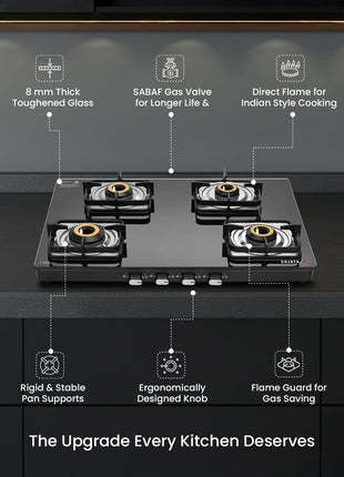 Sujata Classic Auto Ignition Gas Stove | 9 Years Warranty | 4 Burner Gas Stove Glass Top, SABAF, ISI Certified, LPG & PNG Compatible, Jumbo Brass Burner (Black) 