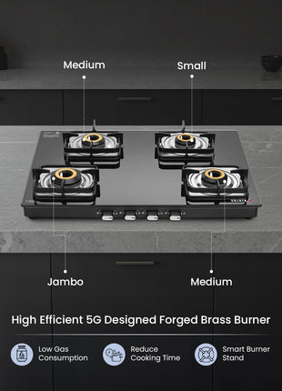 Sujata Classic Auto Ignition Gas Stove | 9 Years Warranty | 4 Burner Gas Stove Glass Top, SABAF, ISI Certified, LPG & PNG Compatible, Jumbo Brass Burner (Black) 