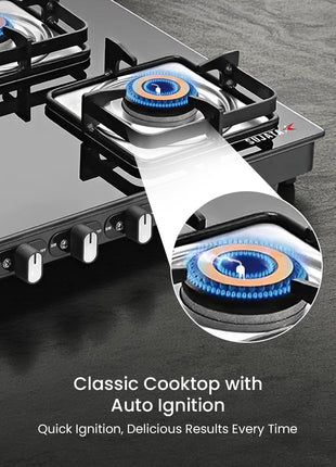 Sujata Classic Auto Ignition Gas Stove | 9 Years Warranty | 4 Burner Gas Stove Glass Top, SABAF, ISI Certified, LPG & PNG Compatible, Jumbo Brass Burner (Black) 