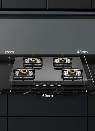 Sujata Classic Auto Ignition Gas Stove | 9 Years Warranty | 4 Burner Gas Stove Glass Top, SABAF, ISI Certified, LPG & PNG Compatible, Jumbo Brass Burner (Black) 