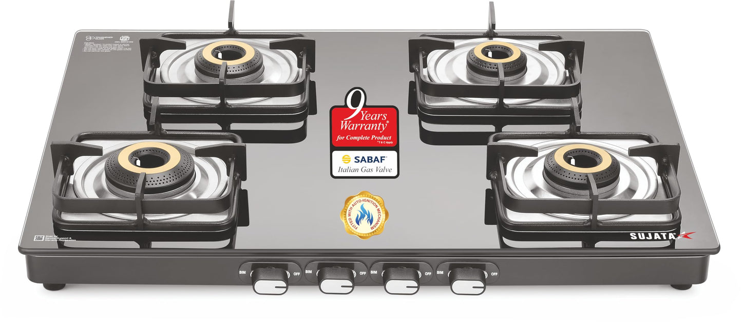 Sujata Classic Auto Ignition Gas Stove | 9 Years Warranty | 4 Burner Gas Stove Glass Top, SABAF, ISI Certified, LPG & PNG Compatible, Jumbo Brass Burner (Black) 
