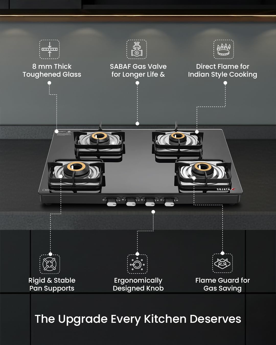 Sujata Classic Auto Ignition Gas Stove | 9 Years Warranty | 4 Burner Gas Stove Glass Top, SABAF, ISI Certified, LPG & PNG Compatible, Jumbo Brass Burner (Black) 