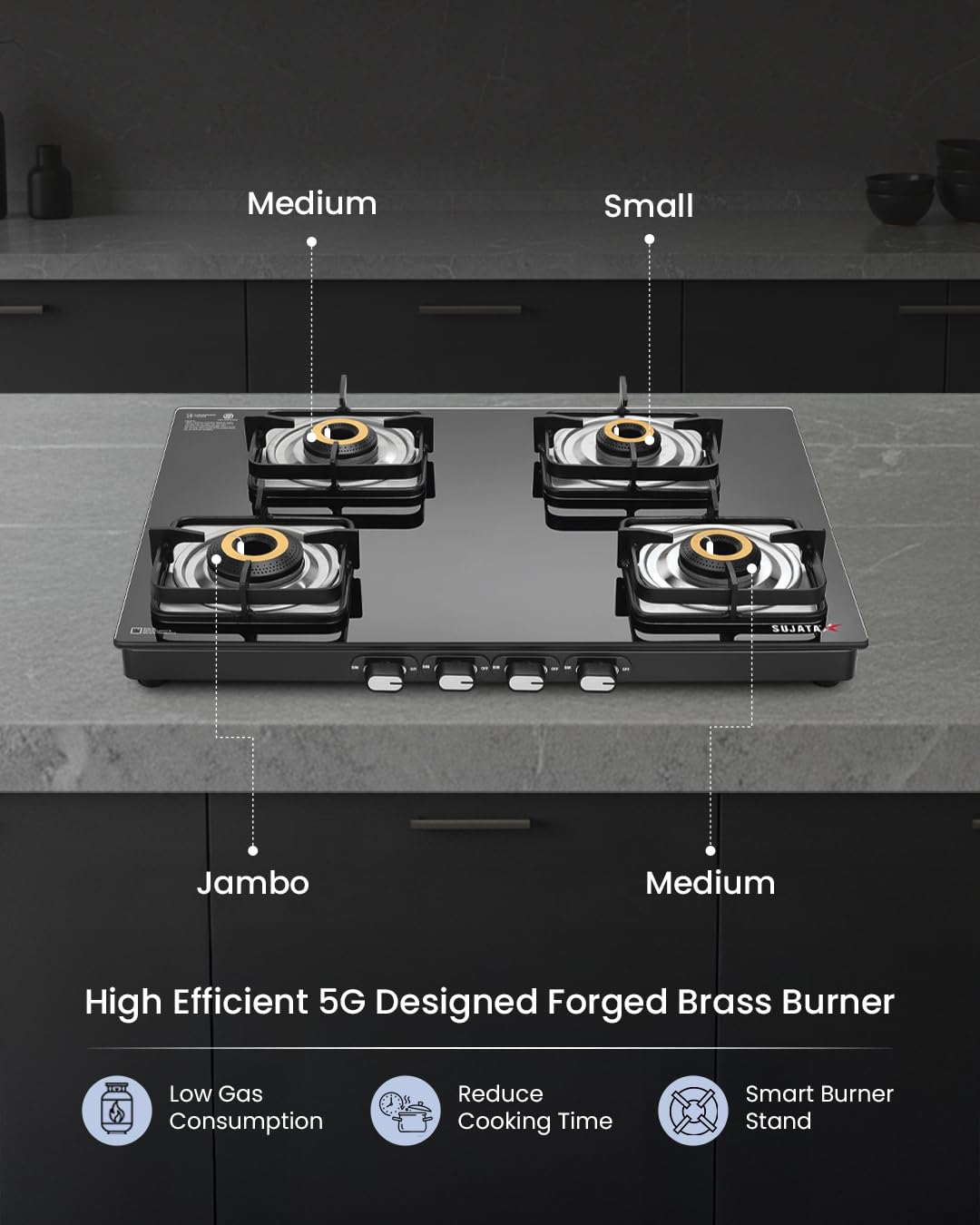 Sujata Classic Auto Ignition Gas Stove | 9 Years Warranty | 4 Burner Gas Stove Glass Top, SABAF, ISI Certified, LPG & PNG Compatible, Jumbo Brass Burner (Black) 