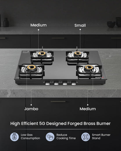 Sujata Classic Auto Ignition Gas Stove | 9 Years Warranty | 4 Burner Gas Stove Glass Top, SABAF, ISI Certified, LPG & PNG Compatible, Jumbo Brass Burner (Black) 