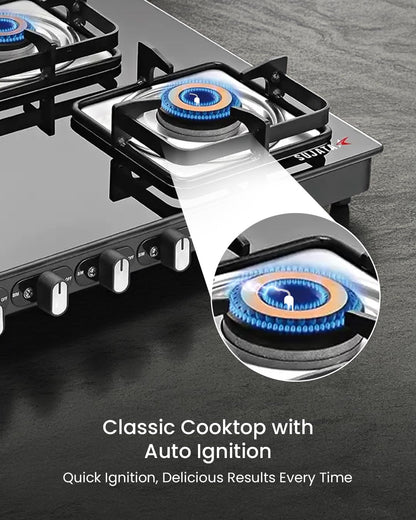Sujata Classic Auto Ignition Gas Stove | 9 Years Warranty | 4 Burner Gas Stove Glass Top, SABAF, ISI Certified, LPG & PNG Compatible, Jumbo Brass Burner (Black) 
