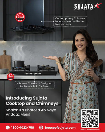 Sujata Classic Auto Ignition Gas Stove | 9 Years Warranty | 4 Burner Gas Stove Glass Top, SABAF, ISI Certified, LPG & PNG Compatible, Jumbo Brass Burner (Black) 