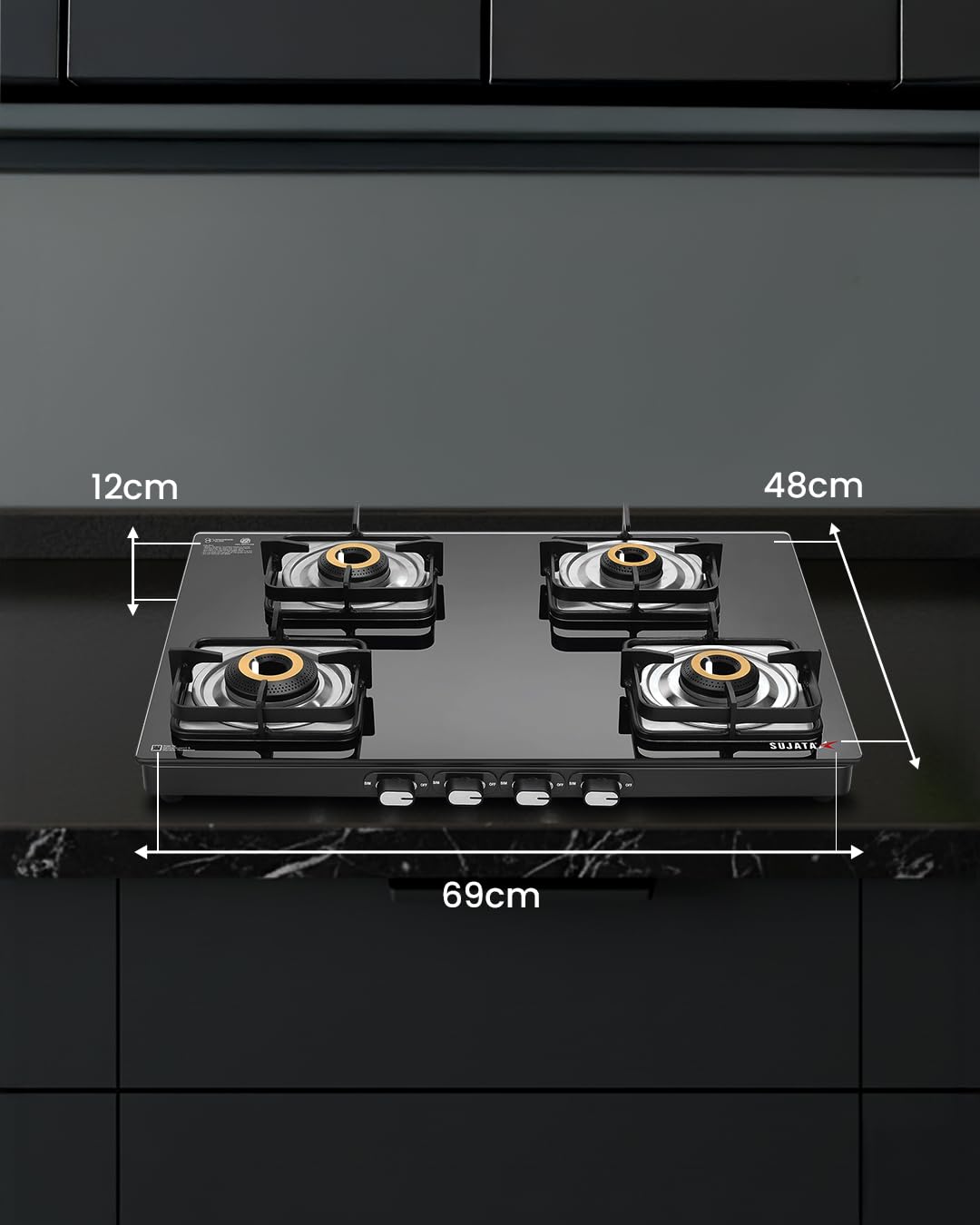 Sujata Classic Auto Ignition Gas Stove | 9 Years Warranty | 4 Burner Gas Stove Glass Top, SABAF, ISI Certified, LPG & PNG Compatible, Jumbo Brass Burner (Black) 