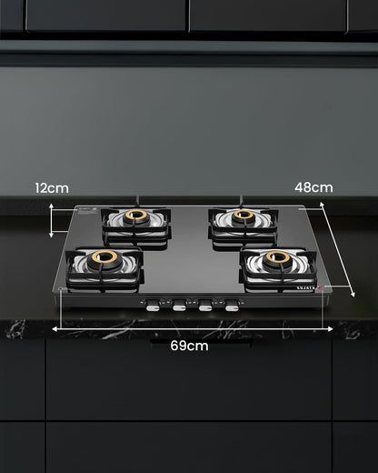 Sujata Classic Auto Ignition Gas Stove | 9 Years Warranty | 4 Burner Gas Stove Glass Top, SABAF, ISI Certified, LPG & PNG Compatible, Jumbo Brass Burner (Black) 