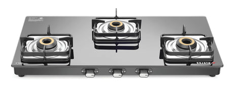 Sujata Classic Gas Stove | 9 Years Warranty | 3 Burner Gas Stove Glass Top, SABAF, ISI Certified, Hob Top, LPG & PNG Compatible, Jumbo Brass Burner (Black) 